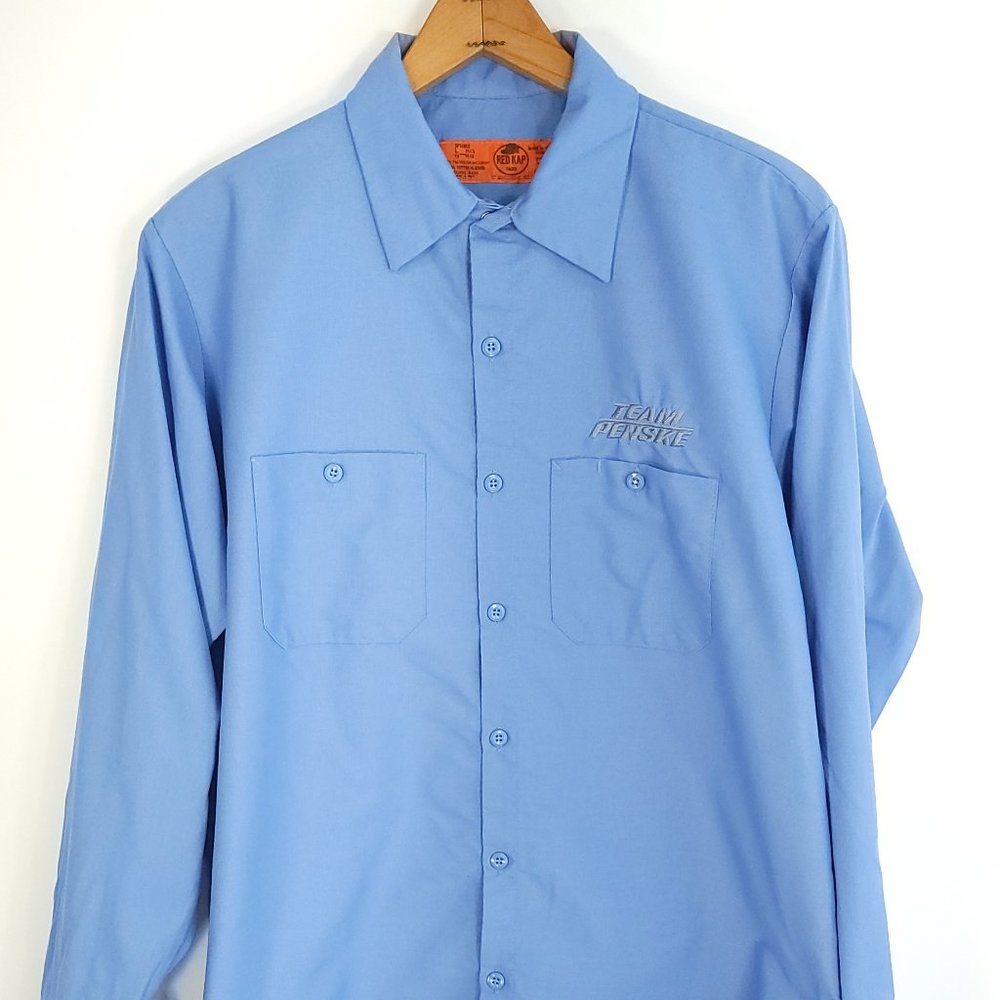 Team Penske Work Shirt Men's Large Blue Long Sleeve Button Front Red Kap